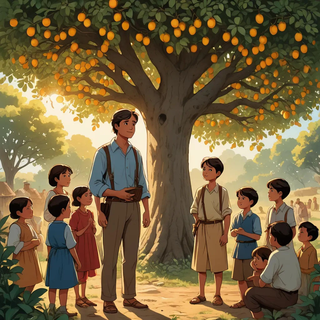 a man standing in front of a tree filled with oranges next to a group of children under a tree, magical realism, a storybook illustration, Aaron Jasinski, official art
