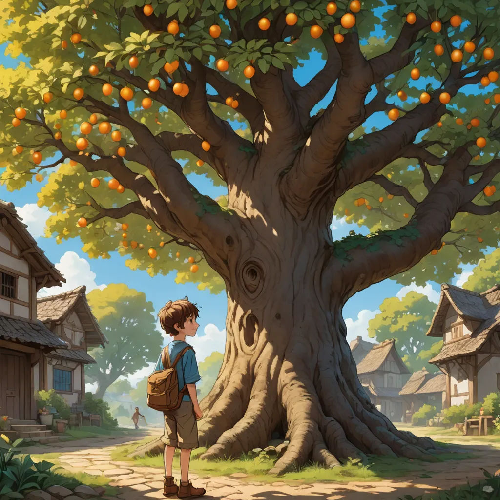 a boy standing in front of a tree with oranges on it and a house in the background with a boy standing under the tree, fantasy art, a storybook illustration, Aaron Jasinski, storybook illustration