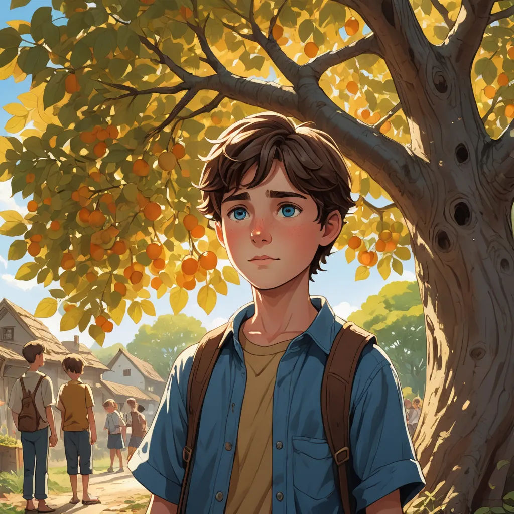 a boy standing in front of a tree with a backpack on his back and a group of people in the background, american scene painting, a storybook illustration, Aaron Jasinski, rossdraws global illumination