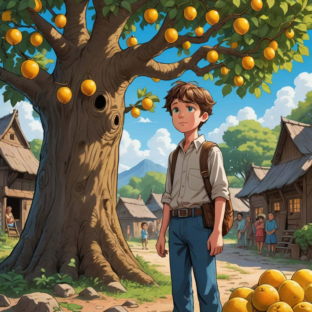a boy standing in front of a tree with oranges on it and a bunch of oranges in front of him, fantasy art, a storybook illustration, Aaron Jasinski, storybook illustration