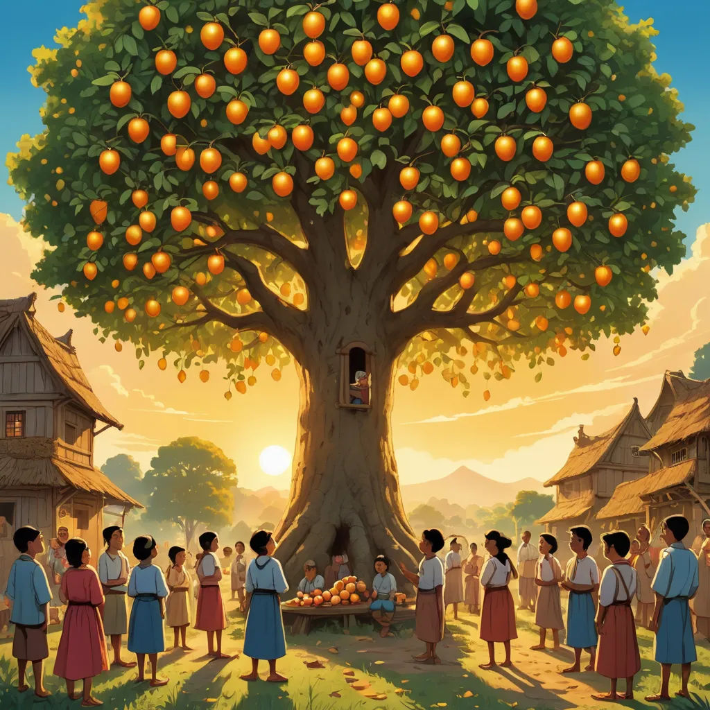 a painting of a group of people standing under a tree with oranges on it and a man standing in front of a group of them, magical realism, a storybook illustration, Chris LaBrooy, storybook illustration