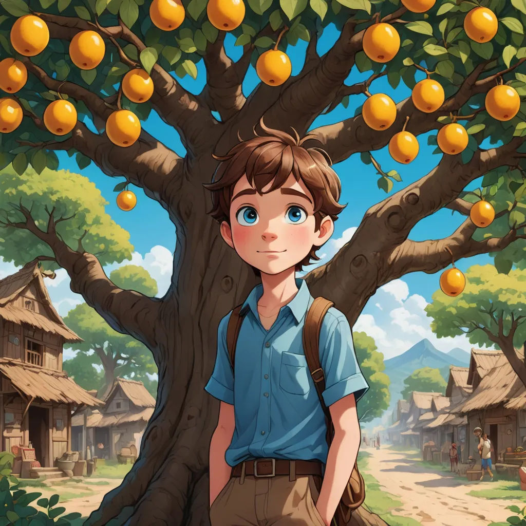 a boy standing under a tree with oranges on it's branches in front of a village with a house, fantasy art, a storybook illustration, Aaron Jasinski, official art