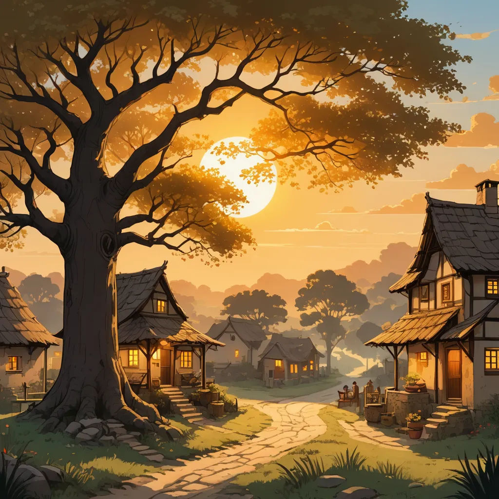 a painting of a sunset with a tree and a house in the background with a path leading to it, fantasy art, a detailed matte painting, Andreas Rocha, fantasy artwork