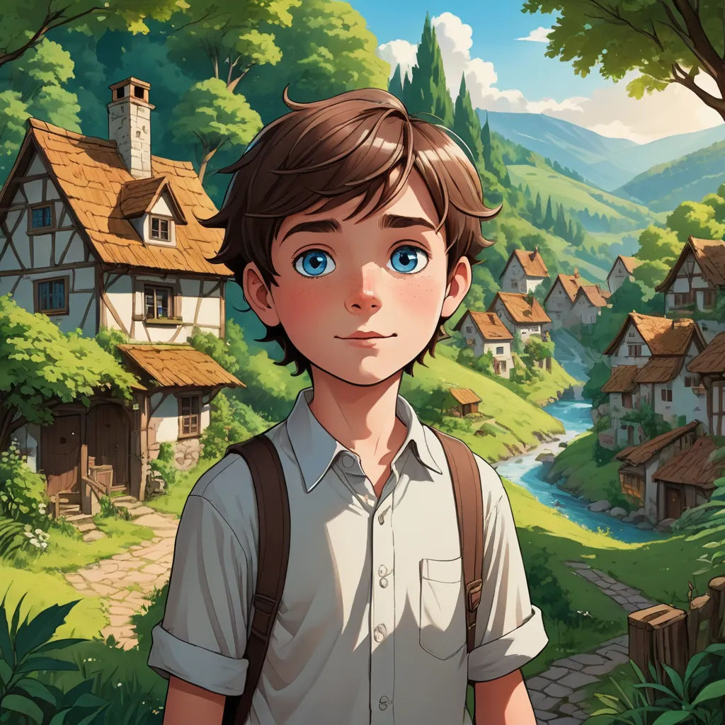 a boy with a backpack standing in front of a village with a river and trees in the background, and a small stream running through the middle of the village, fantasy art, a storybook illustration, Cedric Seaut (Keos Masons), rossdraws global illumination