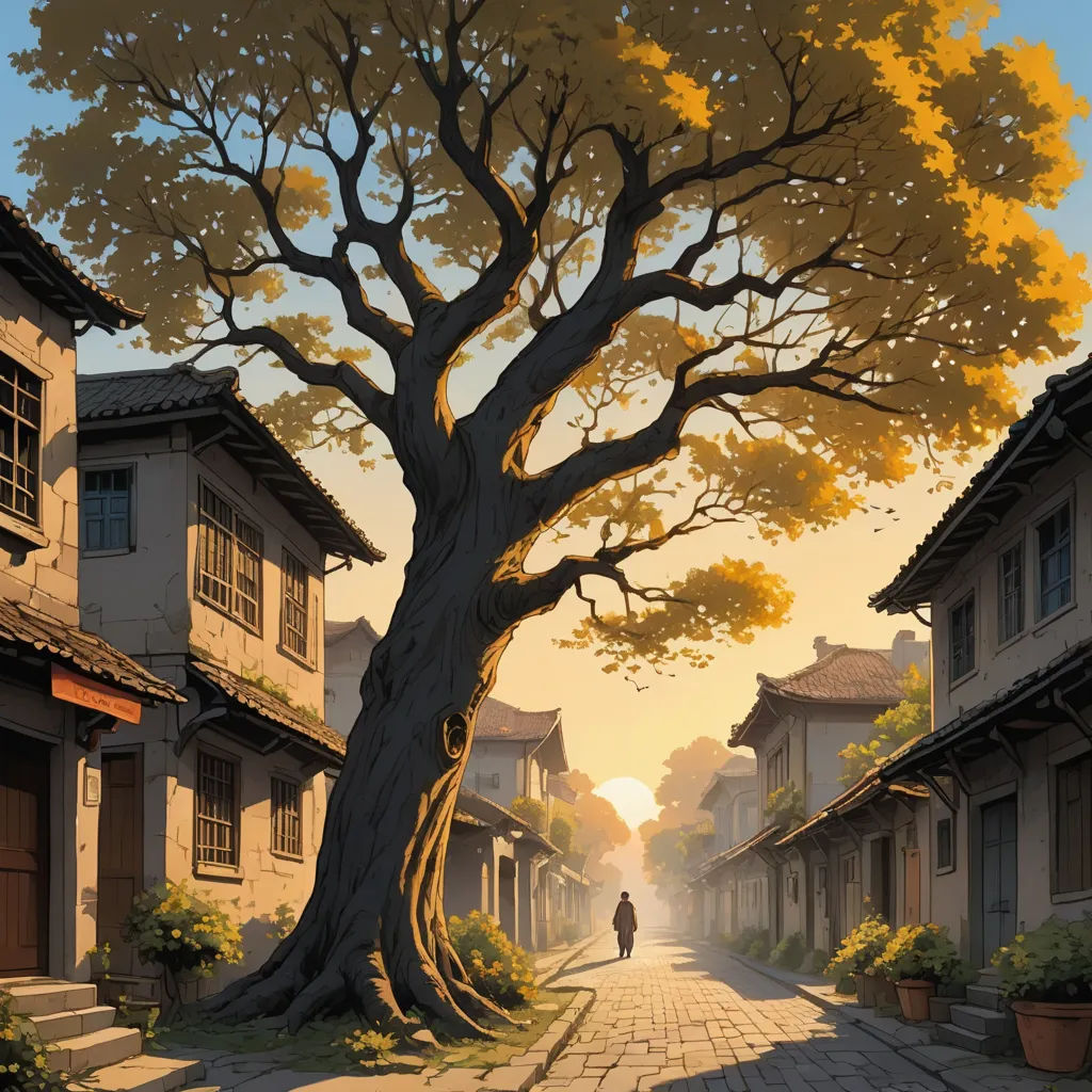 a painting of a tree in a village with a person walking down the street in the distance, with buildings and a person walking down the street, magical realism, a detailed matte painting, Evgeny Lushpin, cinematic matte painting