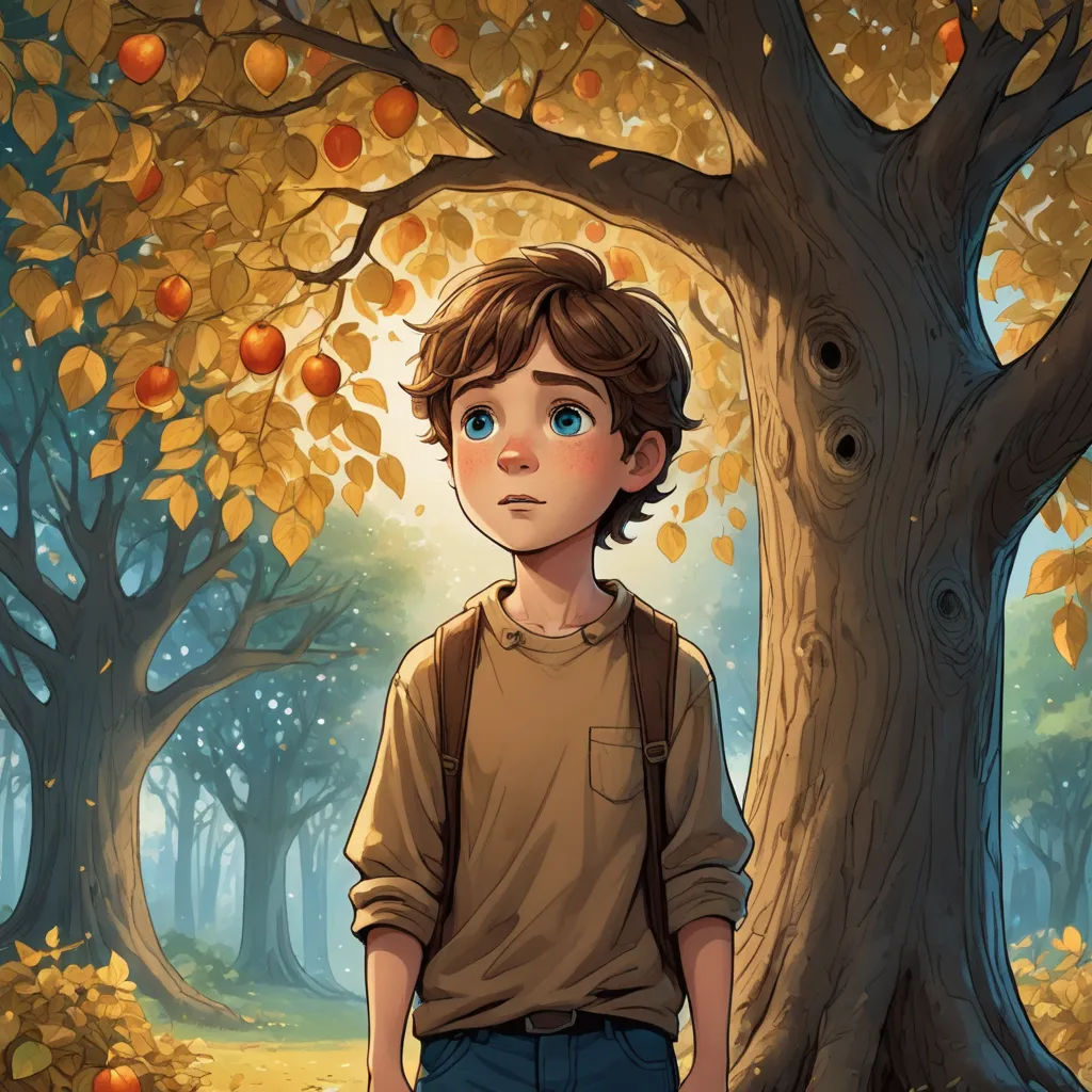 a boy standing in front of a tree with oranges on it and a bird in the background,, magical realism, a storybook illustration, Aaron Jasinski, storybook illustration
