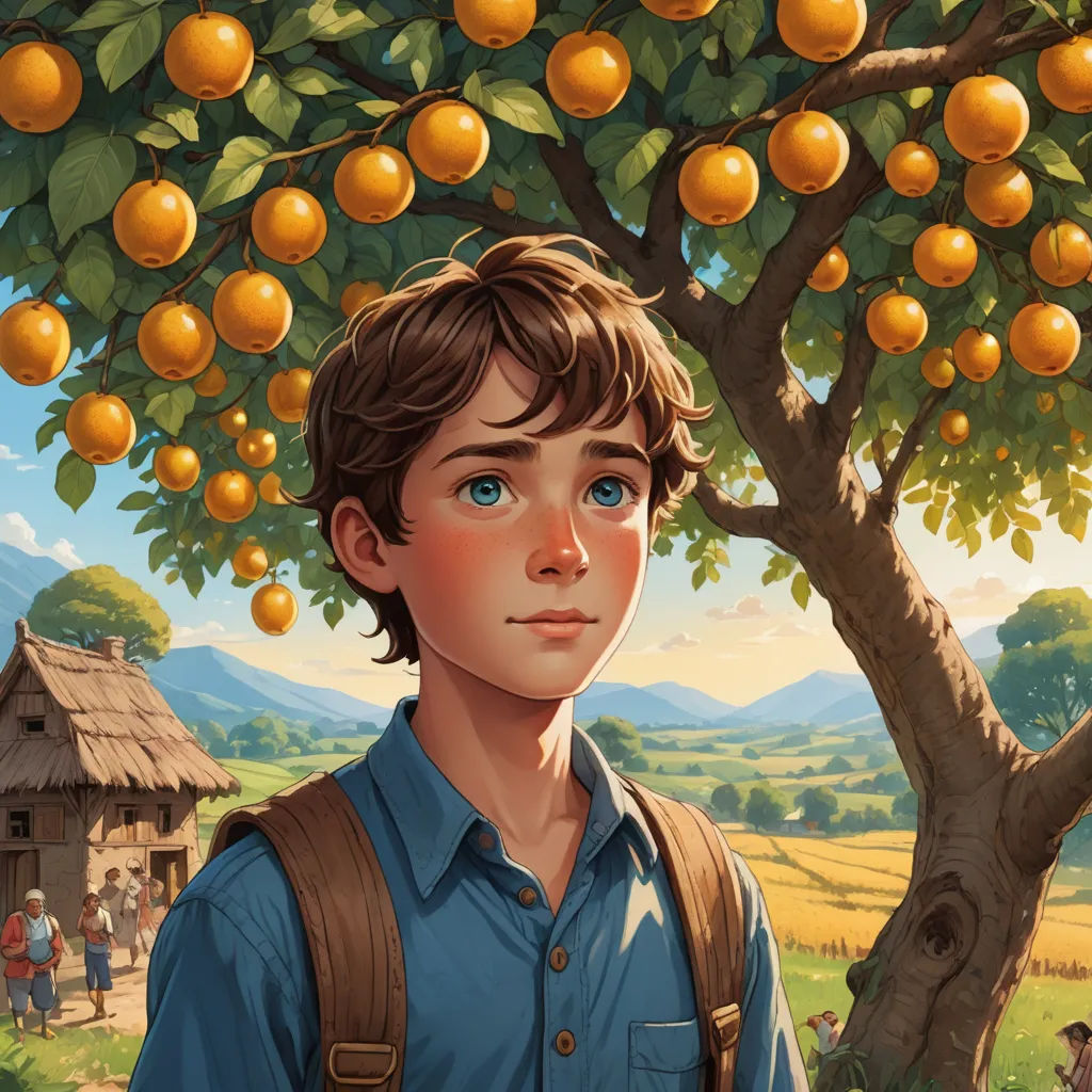 a boy standing under a tree with oranges on it's branches and a house in the background, fantastic realism, a storybook illustration, Aaron Jasinski, highly detailed digital painting