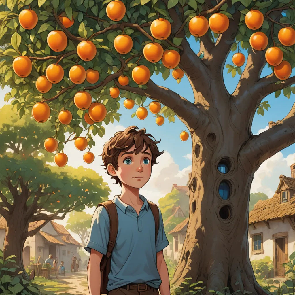 a boy standing under a tree with oranges on it's branches and a bird nest in the tree, magical realism, a storybook illustration, Aaron Jasinski, storybook illustration