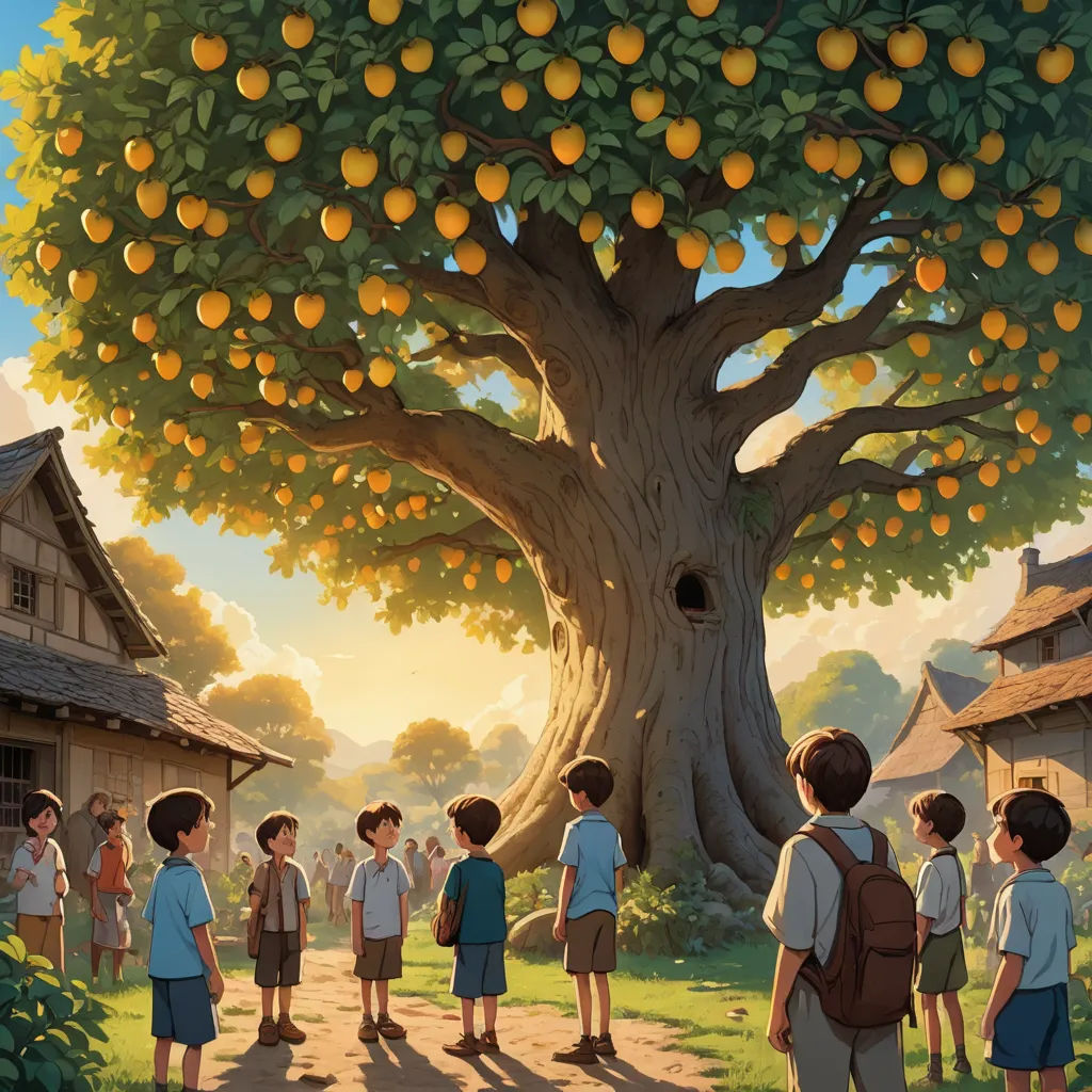 a group of children standing under a tree in front of a house with a large orange tree in the background, magical realism, a storybook illustration, Aaron Jasinski, storybook illustration