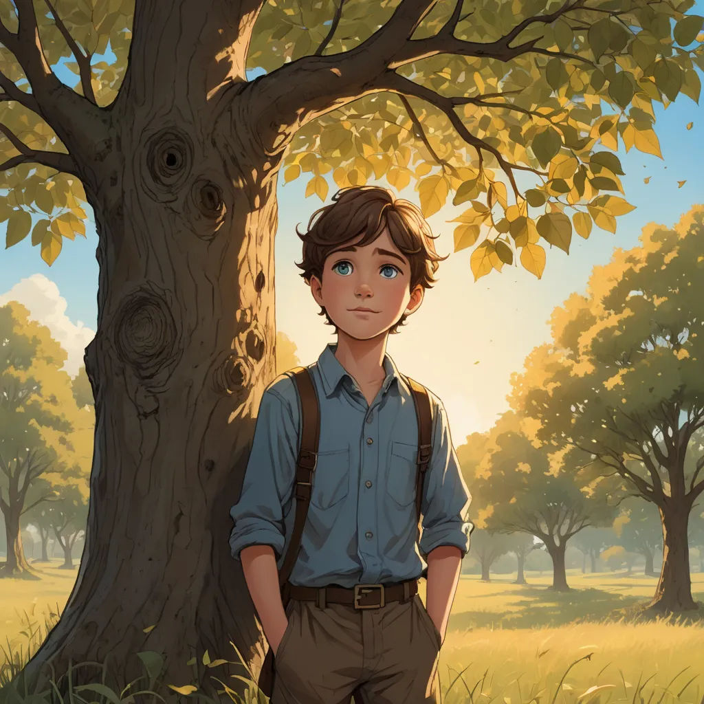 a boy standing next to a tree in a field with grass and trees in the background, with a sky background, fantasy art, a storybook illustration, Aaron Jasinski, rossdraws global illumination