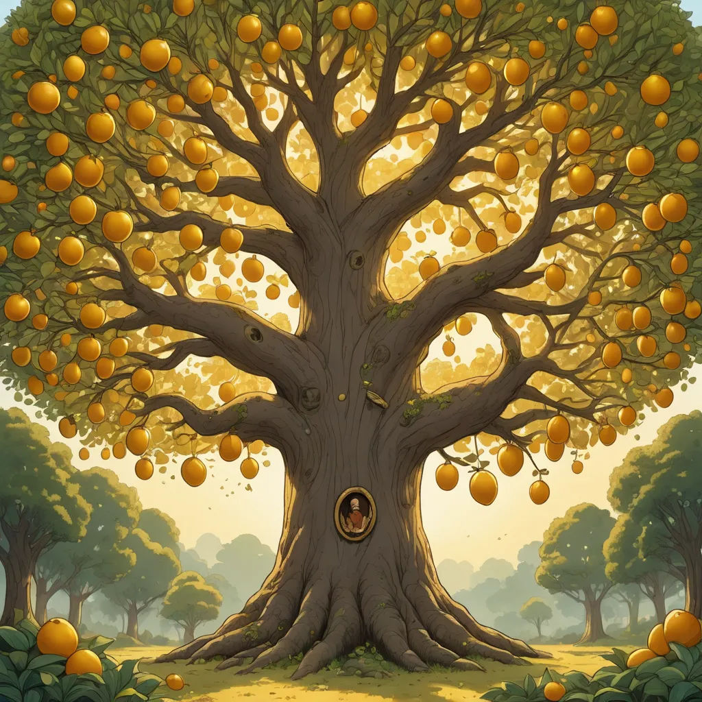 a tree with a man in a hole in the middle of it with oranges all around it and a yellow sky, magical realism, a storybook illustration, Chris LaBrooy, highly detailed digital painting