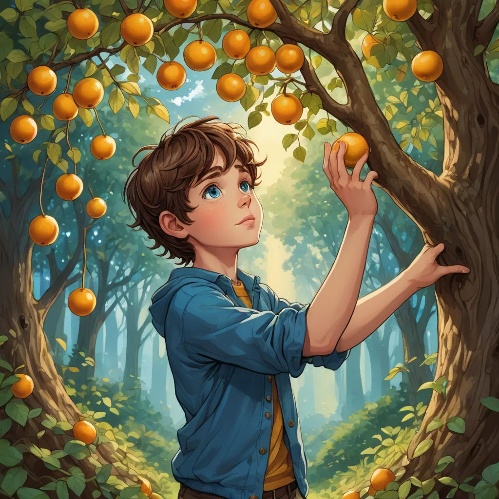 a boy is picking oranges from a tree in a forest with oranges on it and a forest background, fantasy art, a storybook illustration, Aaron Jasinski, rossdraws global illumination