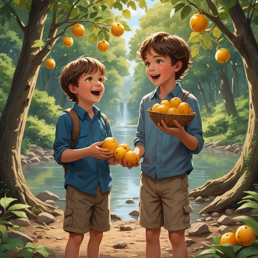 two boys holding oranges in a forest with a waterfall in the background and trees in the foreground, magic realism, a storybook illustration, Aaron Jasinski, highly detailed digital painting