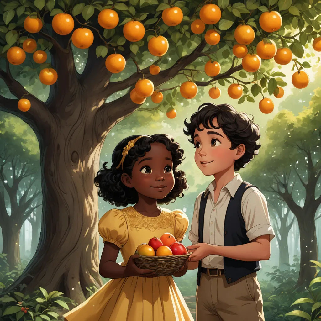 a boy and a girl standing under a tree with oranges on it and a basket of fruit in front of them, magical realism, a storybook illustration, Aaron Jasinski, official art