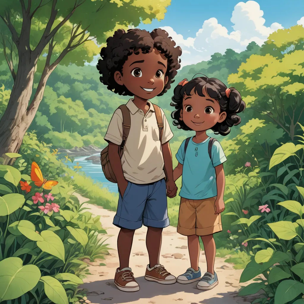 a boy and a girl standing on a path in the woods with a river in the background and a butterfly flying overhead, american scene painting, a storybook illustration, Felix-Kelly, official art