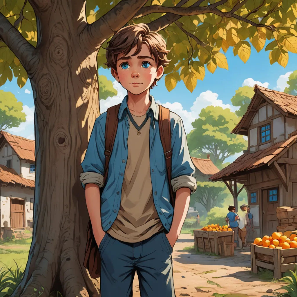 a boy standing in front of a tree with a bag of oranges in front of him and a house with a tree in the background, fantasy art, a storybook illustration, Cedric Seaut (Keos Masons), rossdraws global illumination