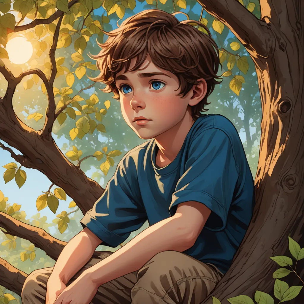 a boy sitting in a tree with a blue shirt on and a blue shirt on his chest and a blue shirt on his chest, fantasy art, a storybook illustration, Aaron Jasinski, stanley artgerm lau