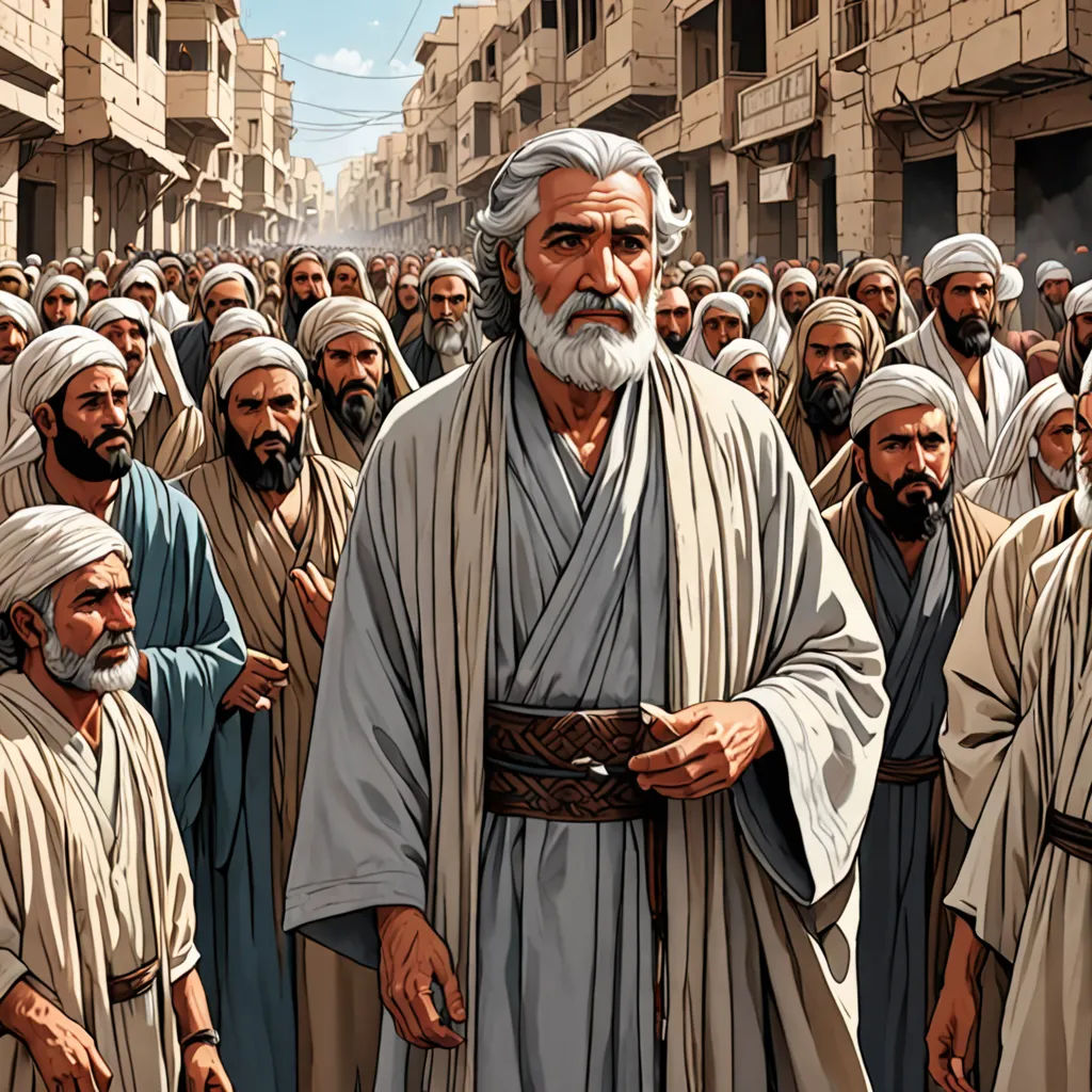 a painting of a man with a beard and a beard in a crowd of men in white robes and brown robes, unilalianism, a detailed drawing, Asaf Hanuka, graphic novel