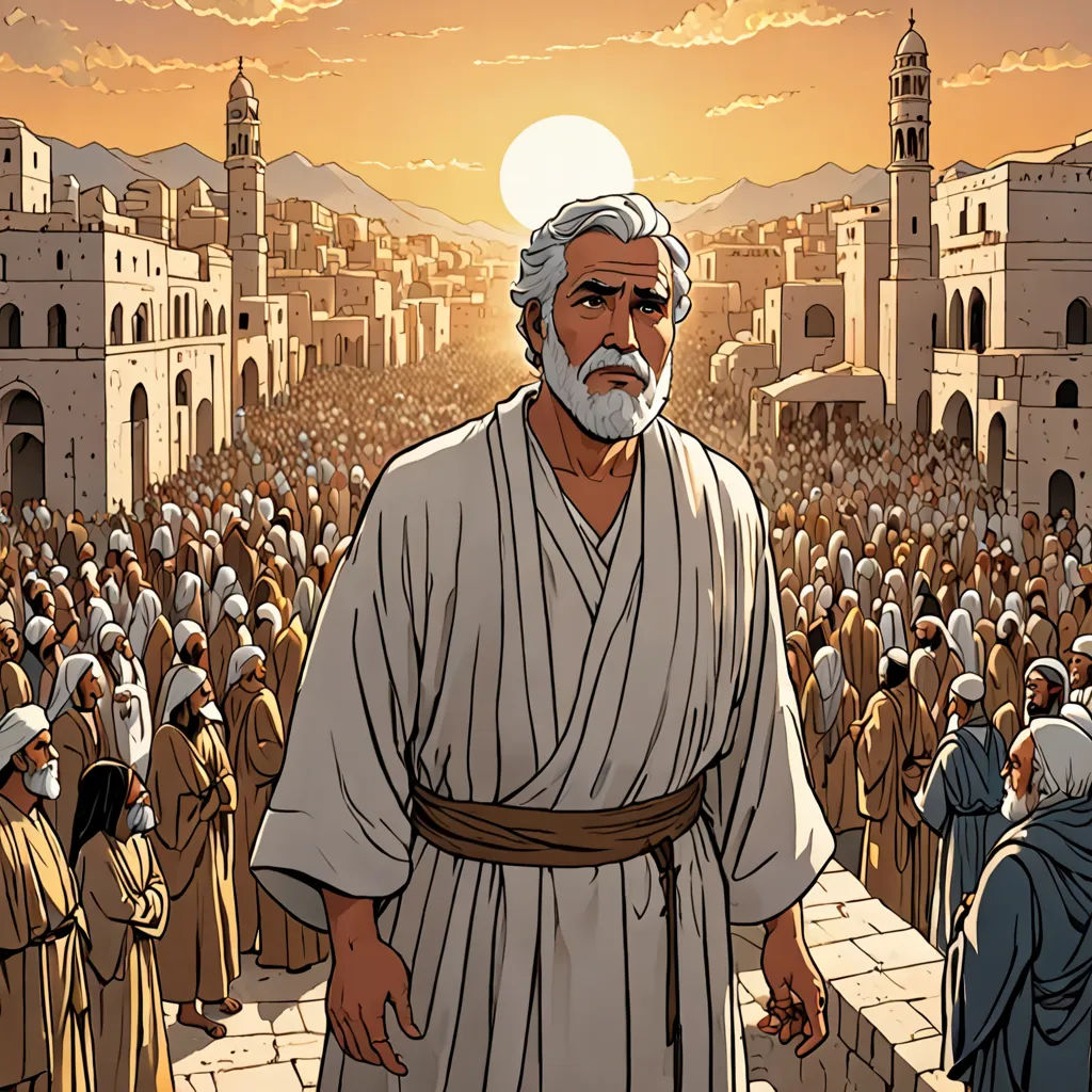a man in a robe standing in front of a crowd of people in a city with a sunset in the background, hurufiyya, a comic book panel, Asaf Hanuka, graphic novel