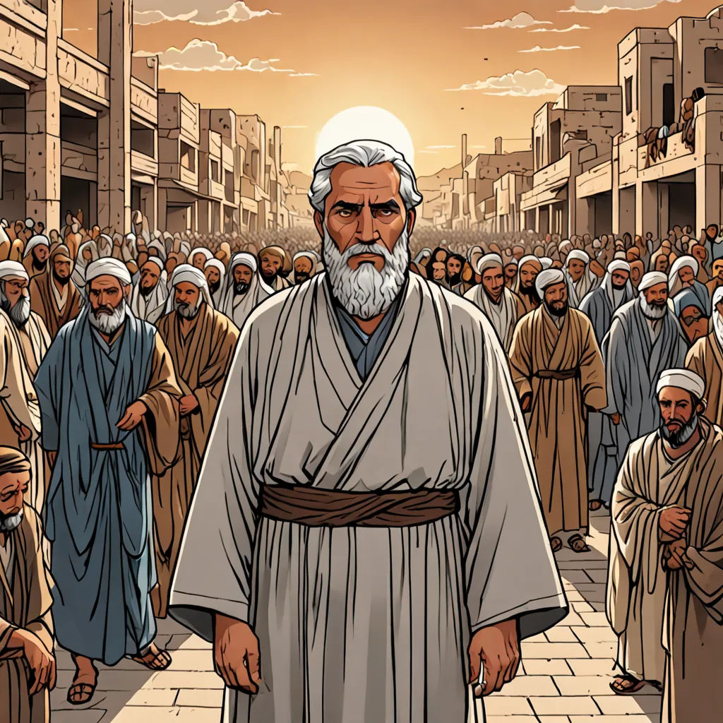 a man in a crowd of people walking down a street with a white beard and a white beard wearing a robe, rayonism, a comic book panel, Asaf Hanuka, graphic novel