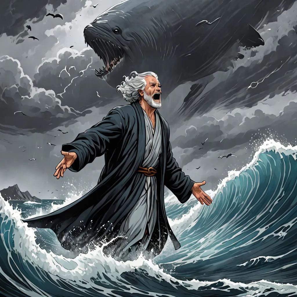 a man in a robe is standing in the water with a giant shark in the background and a man in a robe is standing in the water, fantasy art, a storybook illustration, Asaf Hanuka, comic cover art
