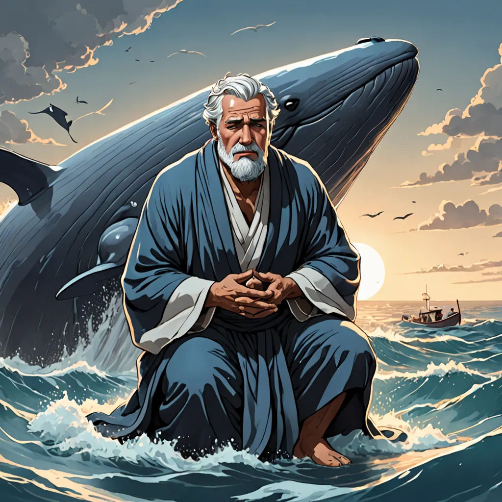 a man sitting on a whale in the ocean with a boat in the background and a boat in the water, context art, a storybook illustration, F Scott Hess, comic cover art