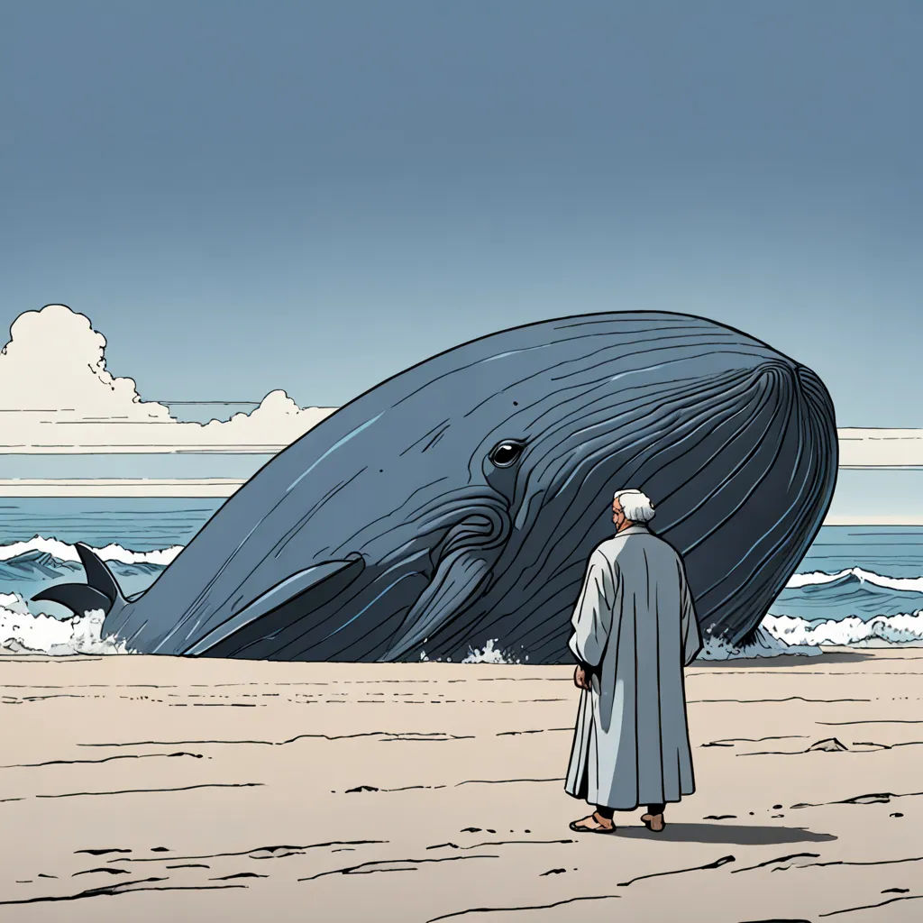 a man standing on a beach next to a giant whale in the ocean with a sky background and clouds, context art, a comic book panel, Asaf Hanuka, edward hopper and james gilleard