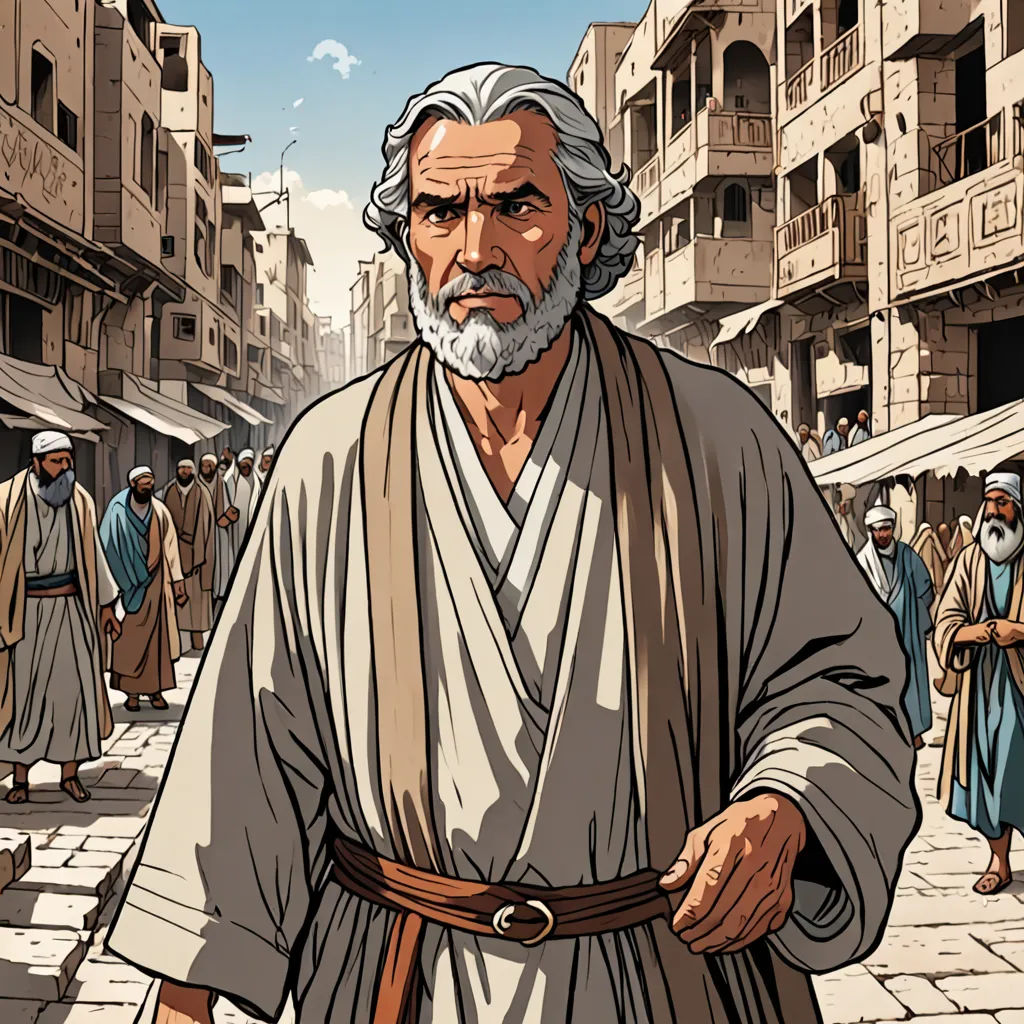 a man with a beard and a beard in a street with people walking around him and a man with a beard in a robe, hurufiyya, a comic book panel, Andrei Rublev, graphic novel