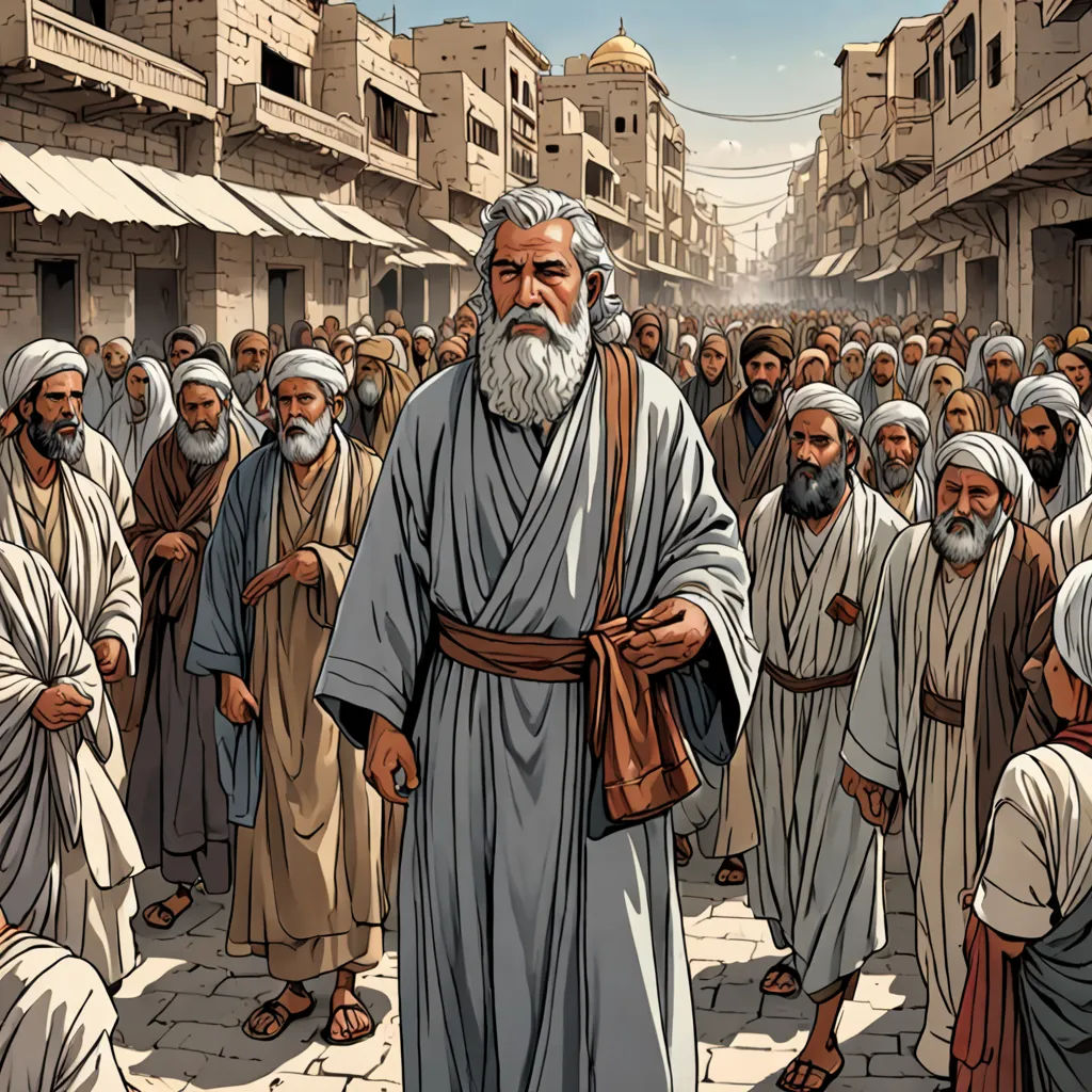 a painting of a man with a beard and a beard standing in front of a crowd of people in a street, incoherents, a detailed drawing, Asaf Hanuka, graphic novel