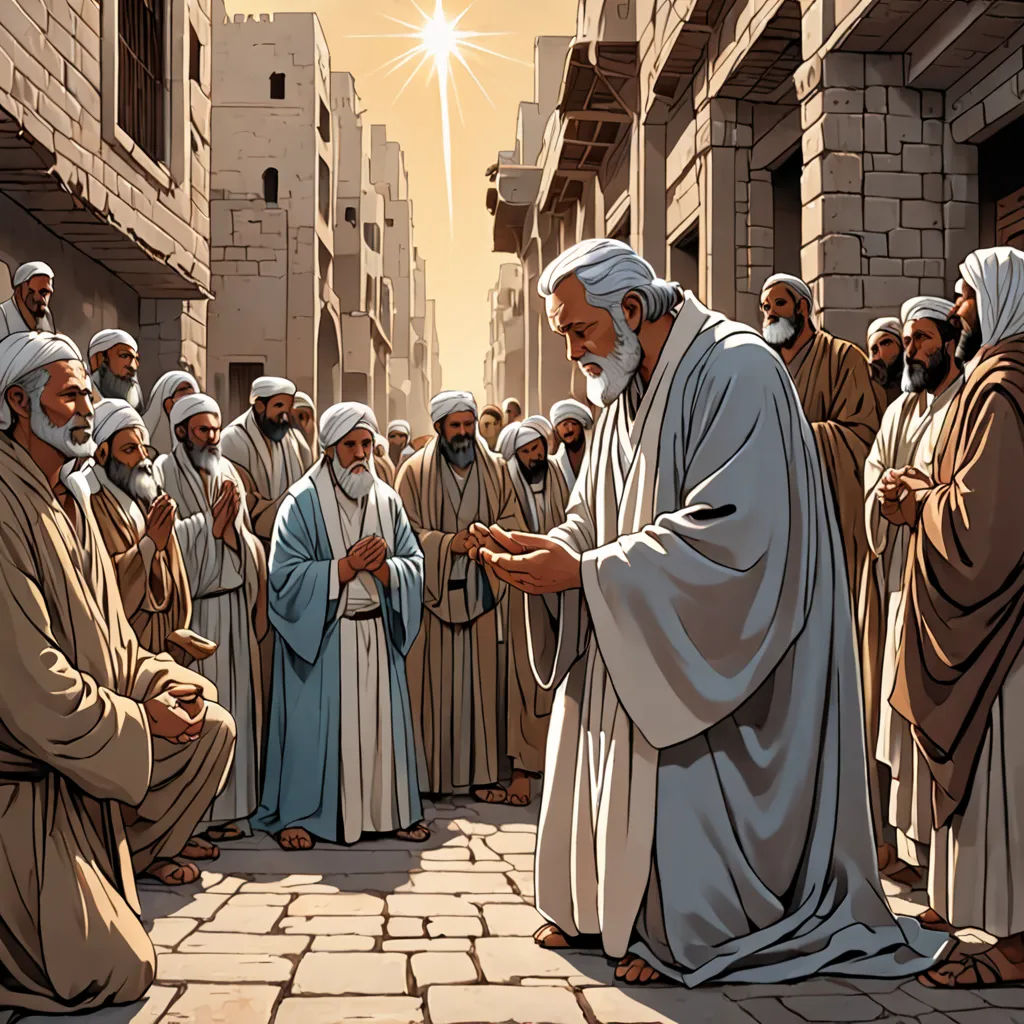 a painting of a man handing something to a group of men in a street with buildings in the background, incoherents, a comic book panel, Asaf Hanuka, detailed illustration