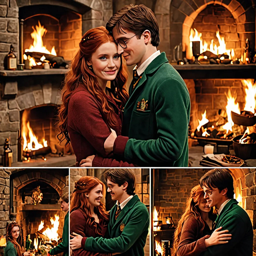 a couple hugging in front of a fireplace in a living room with fire in the fireplace and a man and woman hugging, romanticism, a detailed matte painting, Ada Gladys Killins, vfx