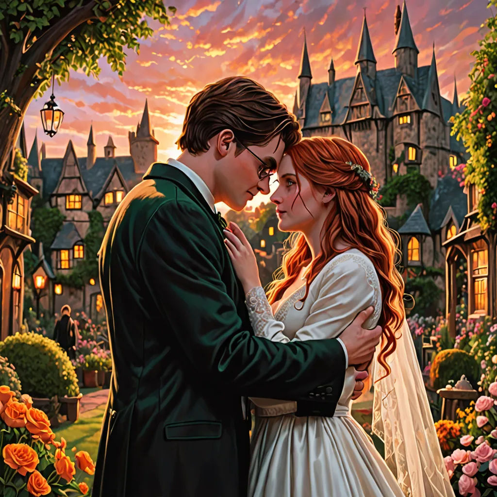a painting of a bride and groom in front of a castle at sunset with roses in the foreground, fantasy art, a storybook illustration, Anne Stokes, kinkade