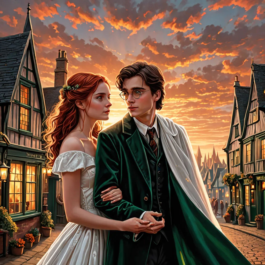 a painting of a man and woman in a wedding dress standing in front of a house at sunset with a red sky, fantasy art, a storybook illustration, Anne Stokes, kinkade