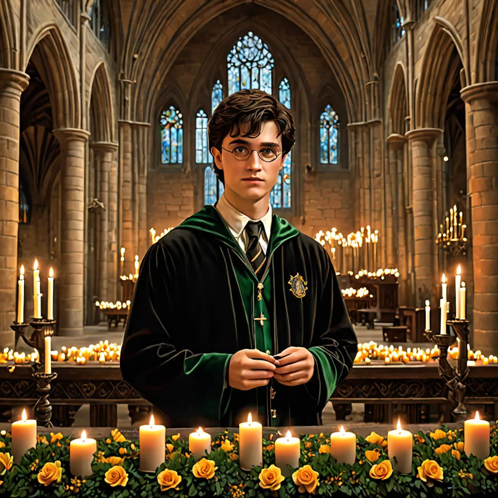 a man in a robe standing in front of a church with candles in front of him and a wreath of flowers, sots art, poster art, David Park, promotional image