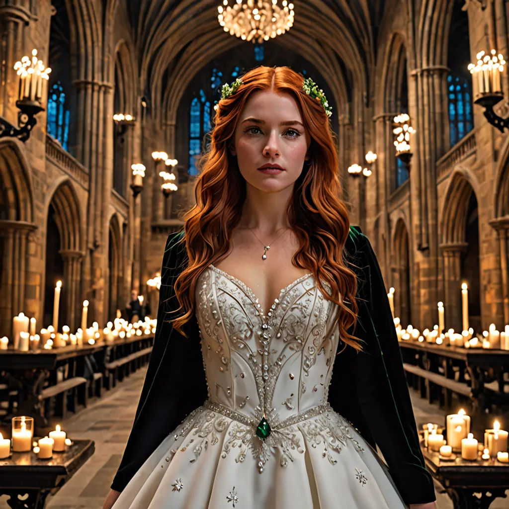 a woman in a wedding dress standing in a cathedral with candles in the background and a chandelier in the middle, rococo, a poster, Anne Said, promotional image