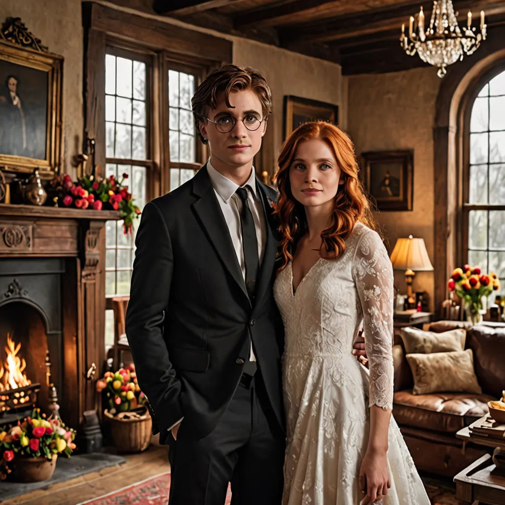 a man and a woman standing in a living room together in front of a fireplace and a chandelier, international gothic, a poster, Christabel Dennison, promotional image