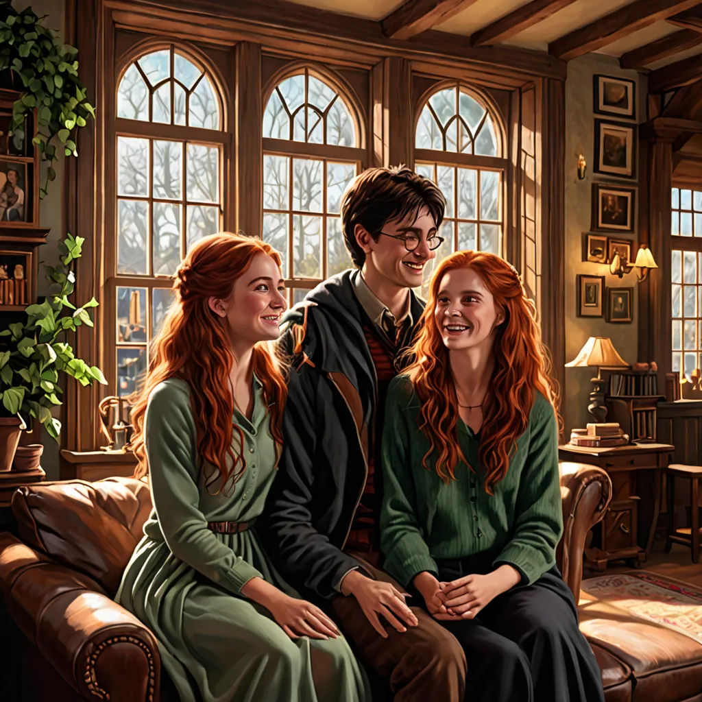 a painting of three people sitting on a couch together, smiling and looking at each other, with a window in the background, fantastic realism, a storybook illustration, Elinor Proby Adams, official art