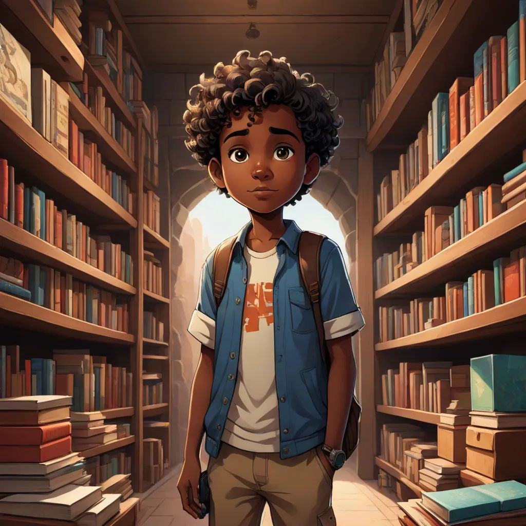 a boy standing in a library with a backpack on his back and books on the shelves behind him,, fantasy art, concept art, Cedric Seaut (Keos Masons), official art