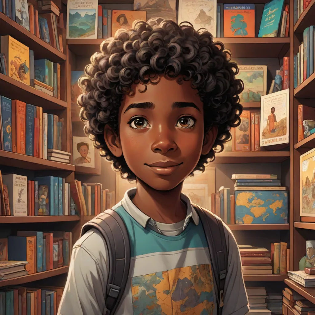 a boy with curly hair standing in front of a bookshelf with books on it and looking up, photorealism, a character portrait, Chris LaBrooy, rossdraws global illumination
