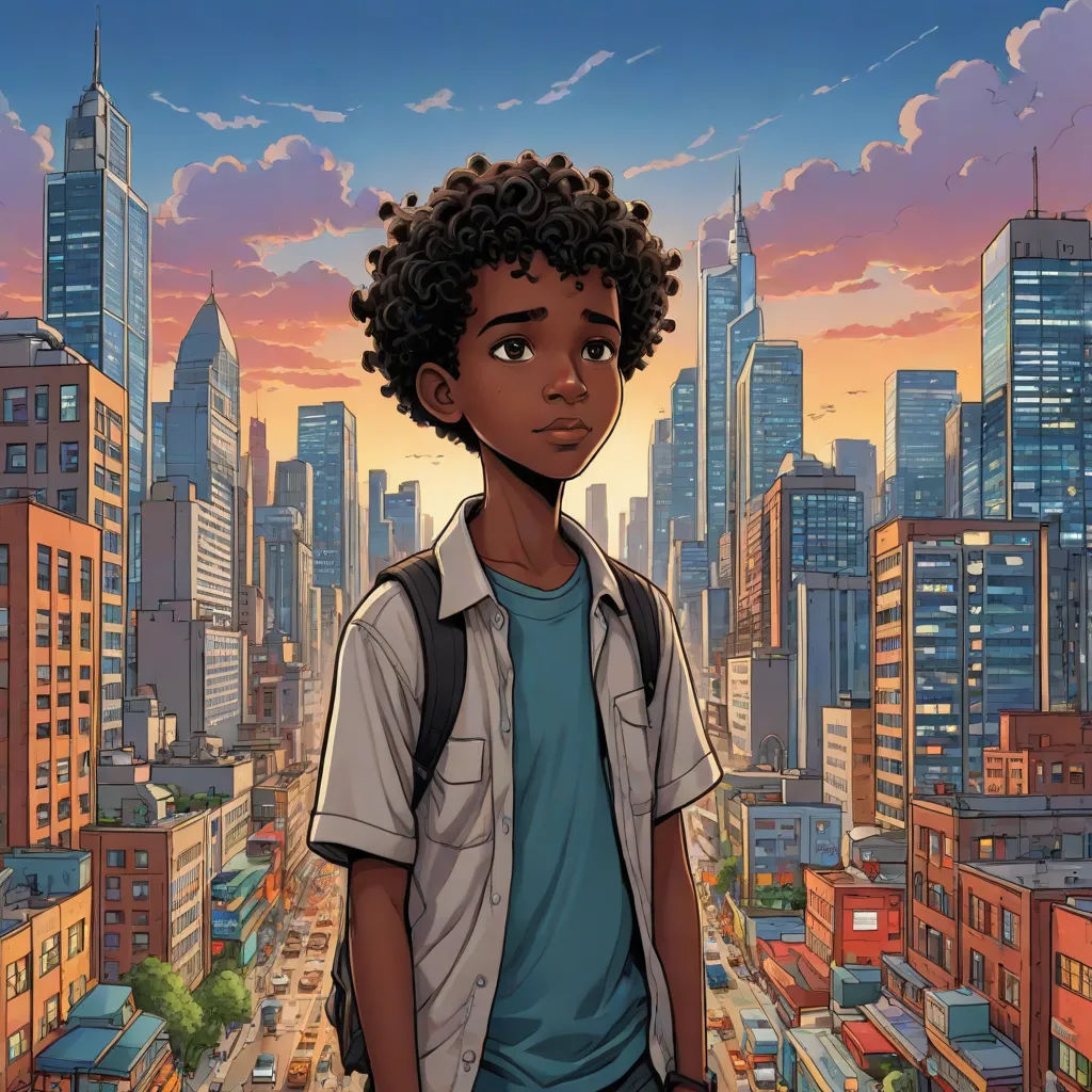 a young man standing in front of a cityscape with a sunset in the background and a cityscape in the foreground, afrofuturism, a comic book panel, Altichiero, comic cover art