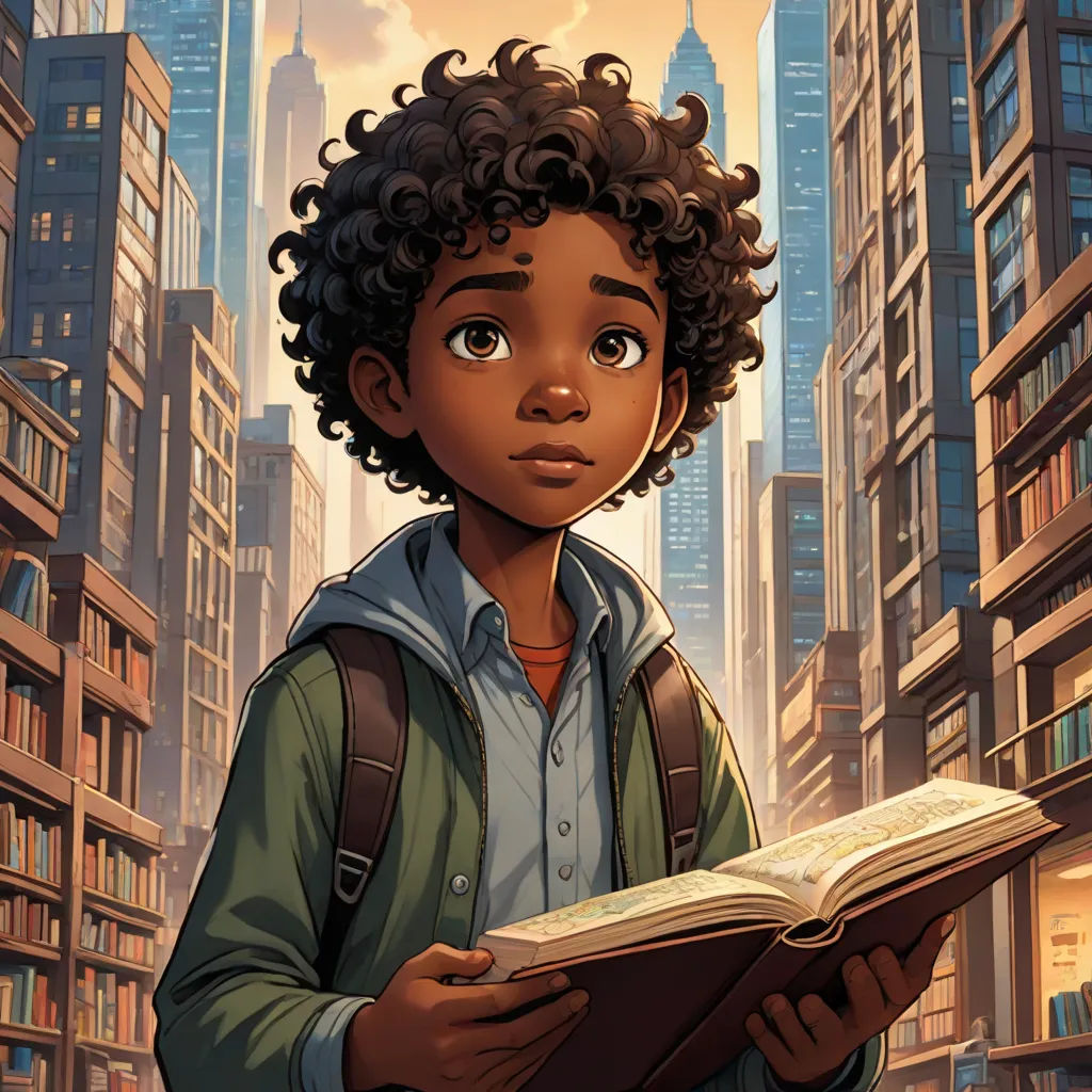 a young boy is reading a book in a city street with tall buildings in the background and a skyscraper in the foreground, harlem renaissance, poster art, Aaron Jasinski, comic cover art