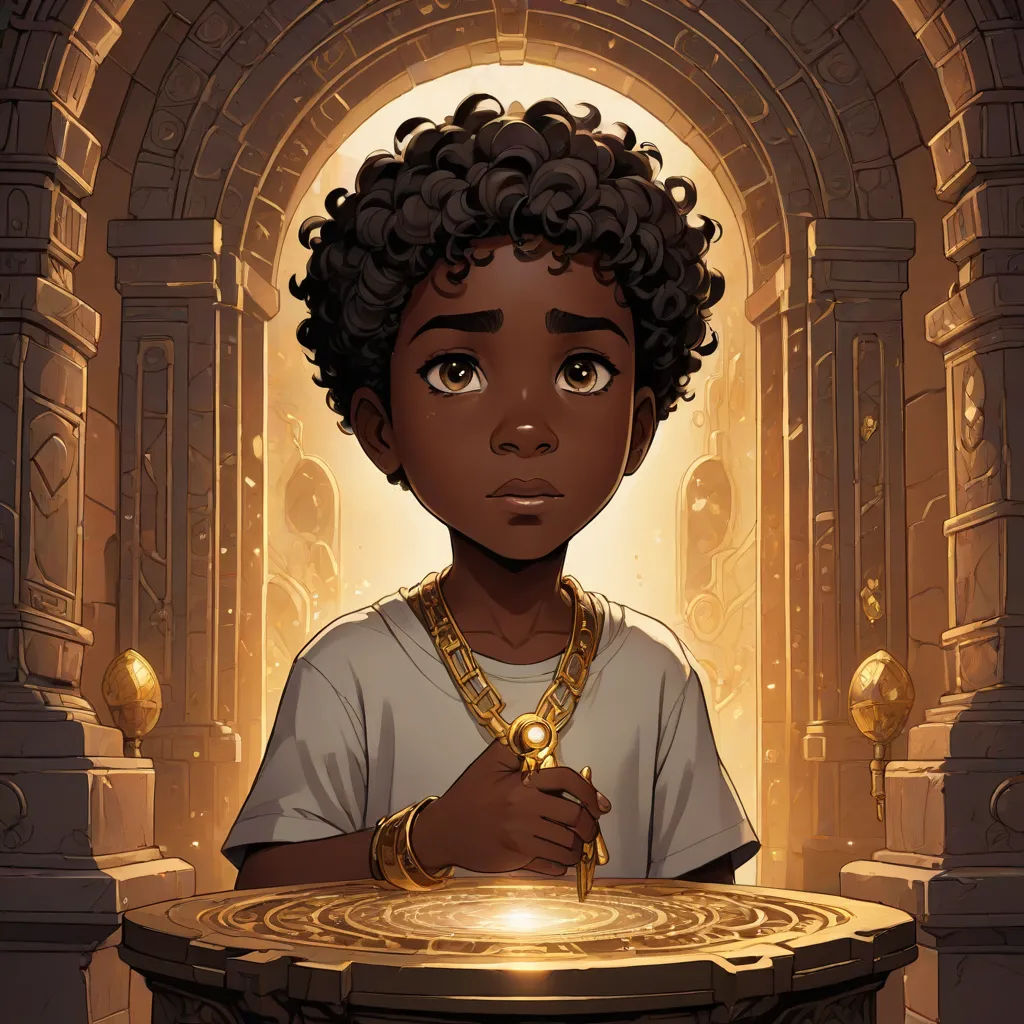 a young black girl with a necklace on her neck standing in front of a golden table with a golden necklace on it, afrofuturism, a character portrait, Cedric Seaut (Keos Masons), comic cover art