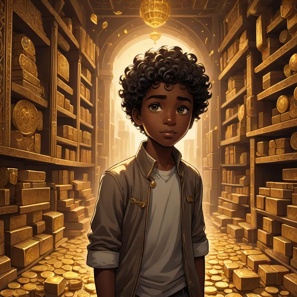 a young boy standing in a library with stacks of gold coins on the shelves and a light shining in the background, fantasy art, a character portrait, Cedric Seaut (Keos Masons), rossdraws global illumination
