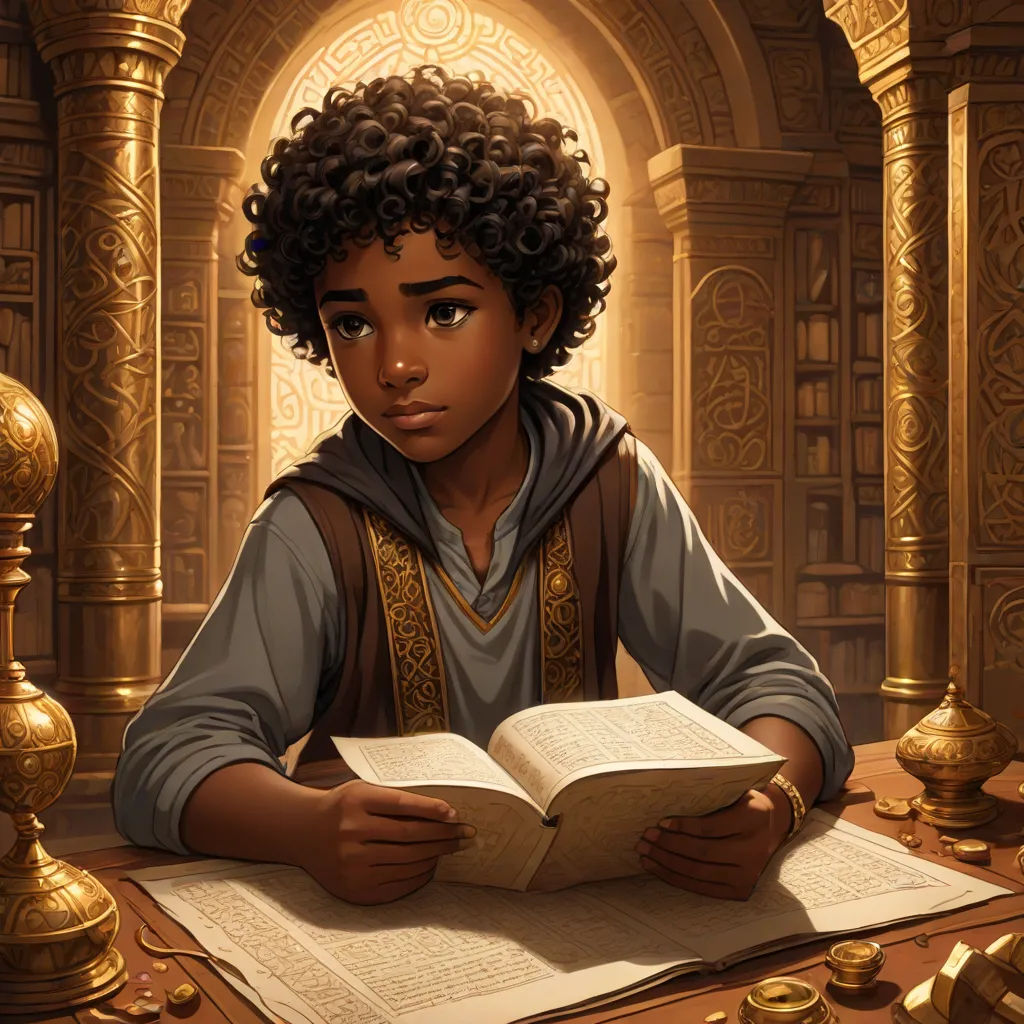 a boy sitting at a table with a book in his hands and a book in his lap in front of him, fantasy art, a character portrait, Cedric Seaut (Keos Masons), epic fantasy character art
