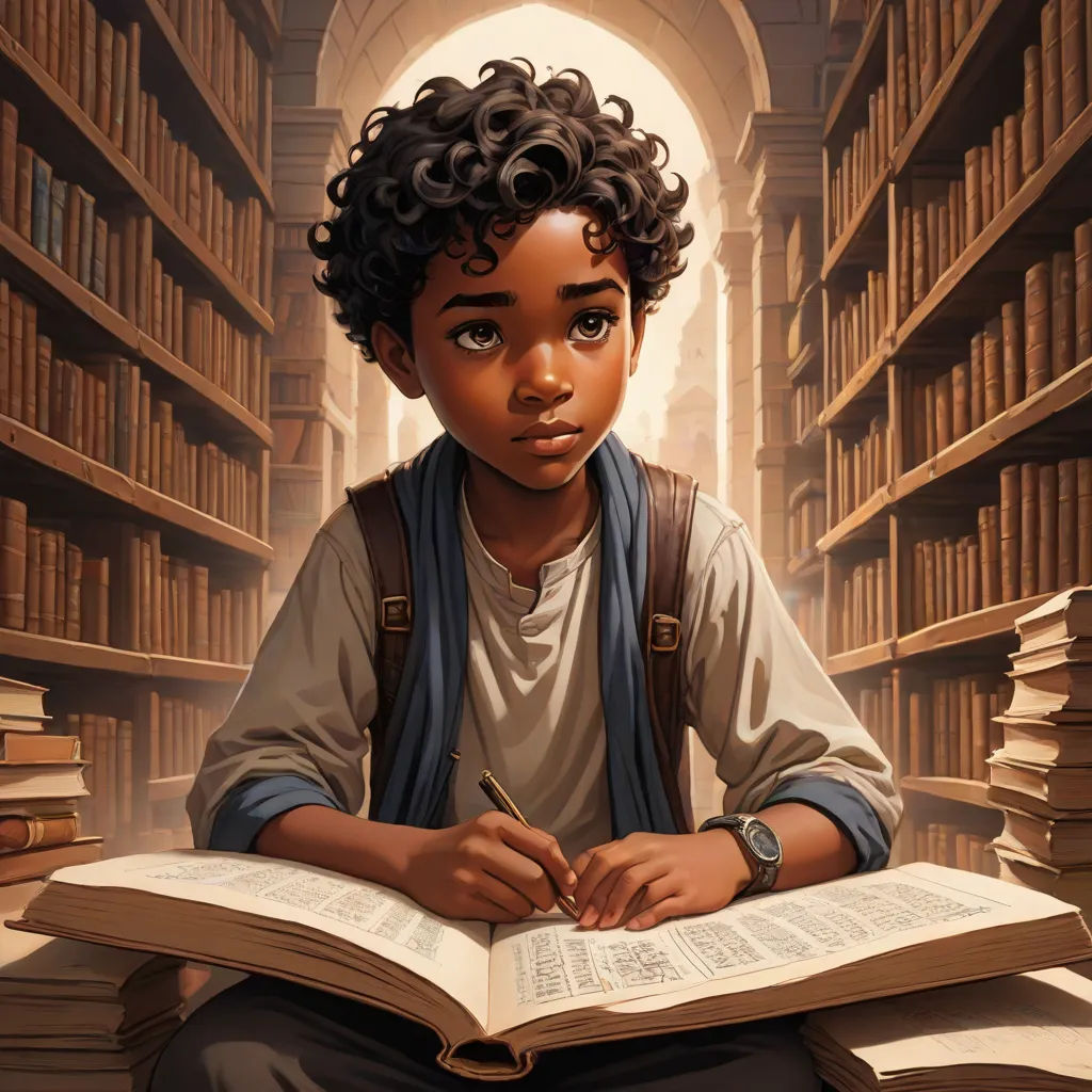 a boy sitting on a pile of books in a library with a book in his lap and a pen in his hand, fantasy art, a storybook illustration, Cedric Seaut (Keos Masons), stanley artgerm lau