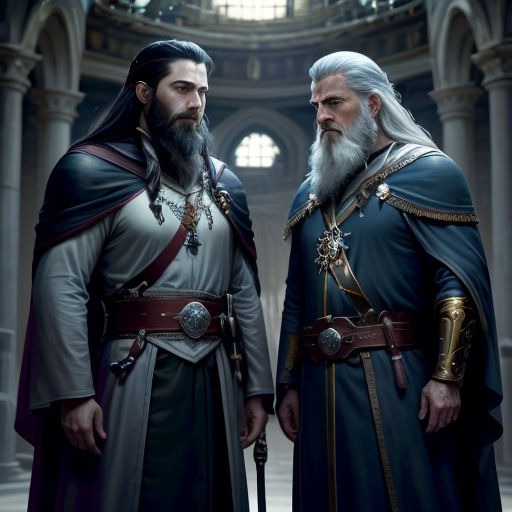 two men in medieval clothing standing next to each other in a building with a dome ceiling and a round window