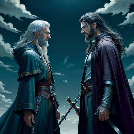 two men in medieval clothing standing next to each other on a cloudy day with a full moon in the background