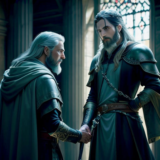a man in a suit of armor shaking hands with another man in a suit of armor in front of a stained glass window