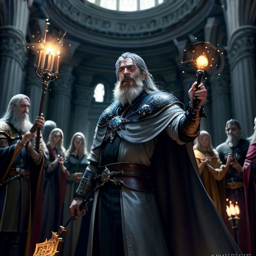 a man in a long robe holding a light and a staff in a cathedral with other people around him