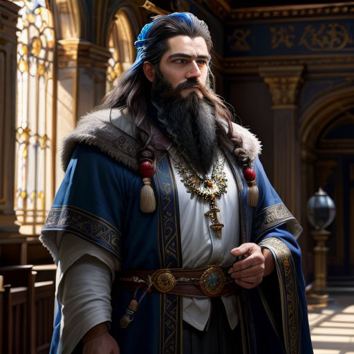 a man with a beard and a long beard wearing a blue and white outfit and a crown and a gold chain